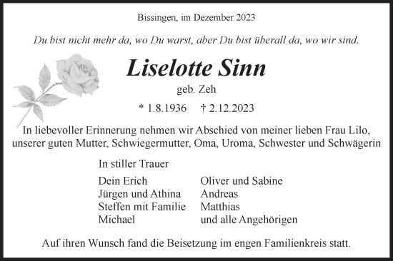 Traueranzeige von Lisselotte Sinn von Bietigheimer Zeitung