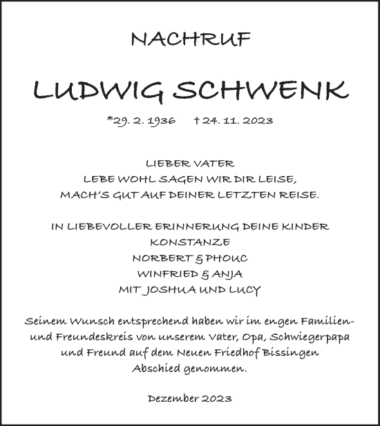 Traueranzeige von Ludwig Schwenk von Bietigheimer Zeitung