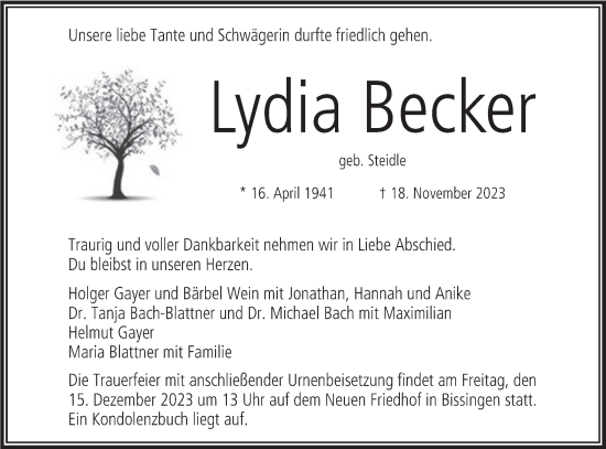 Traueranzeige von Lydia Becker von Bietigheimer Zeitung