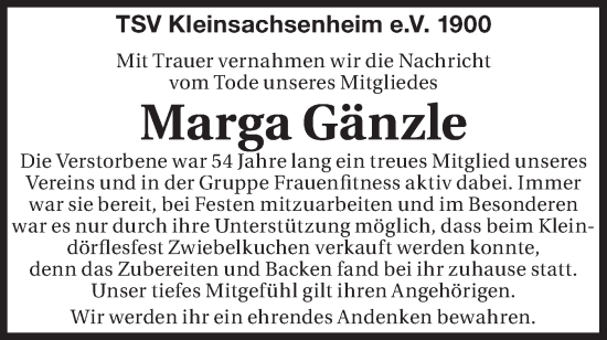 Traueranzeige von Marga Gänzle von Bietigheimer Zeitung