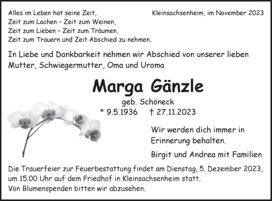 Traueranzeige von Marga Gänzle von Bietigheimer Zeitung