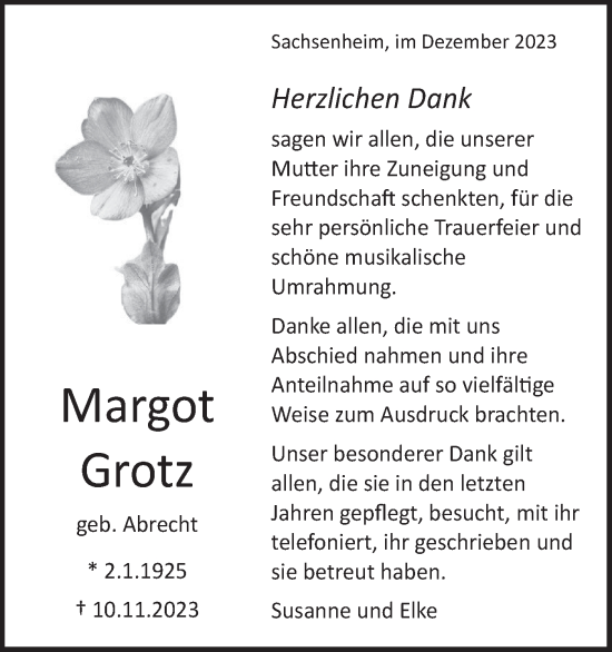 Traueranzeige von Margot Grotz von Bietigheimer Zeitung