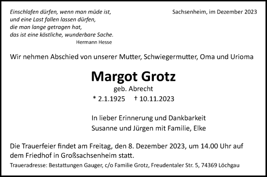 Traueranzeige von Margot Grotz von Bietigheimer Zeitung