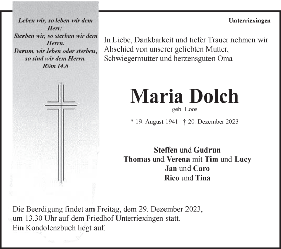 Traueranzeige von Maria Dolch von Bietigheimer Zeitung