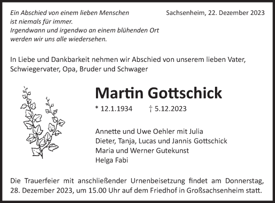 Traueranzeige von Martin Gottschick von Bietigheimer Zeitung