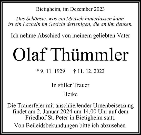 Traueranzeige von Olaf Thümmler von Bietigheimer Zeitung