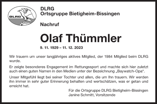 Traueranzeige von Olaf Thümmler von Bietigheimer Zeitung