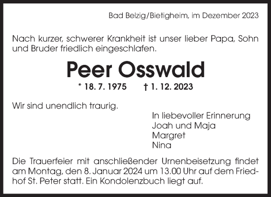 Traueranzeige von Peer Osswald von Bietigheimer Zeitung