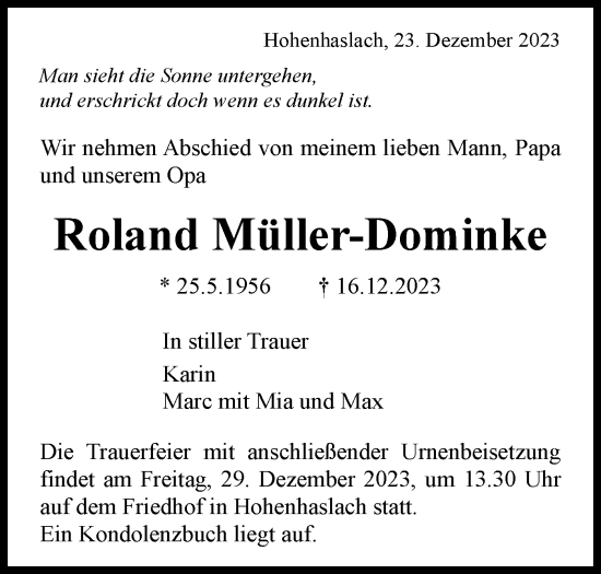 Traueranzeige von Roland Müller-Dominke von Bietigheimer Zeitung