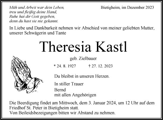 Traueranzeige von Theresia Kastl von Bietigheimer Zeitung