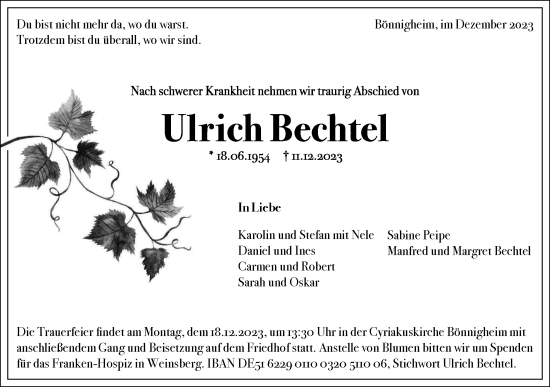 Traueranzeige von Ulrich Bechtel von Bietigheimer Zeitung