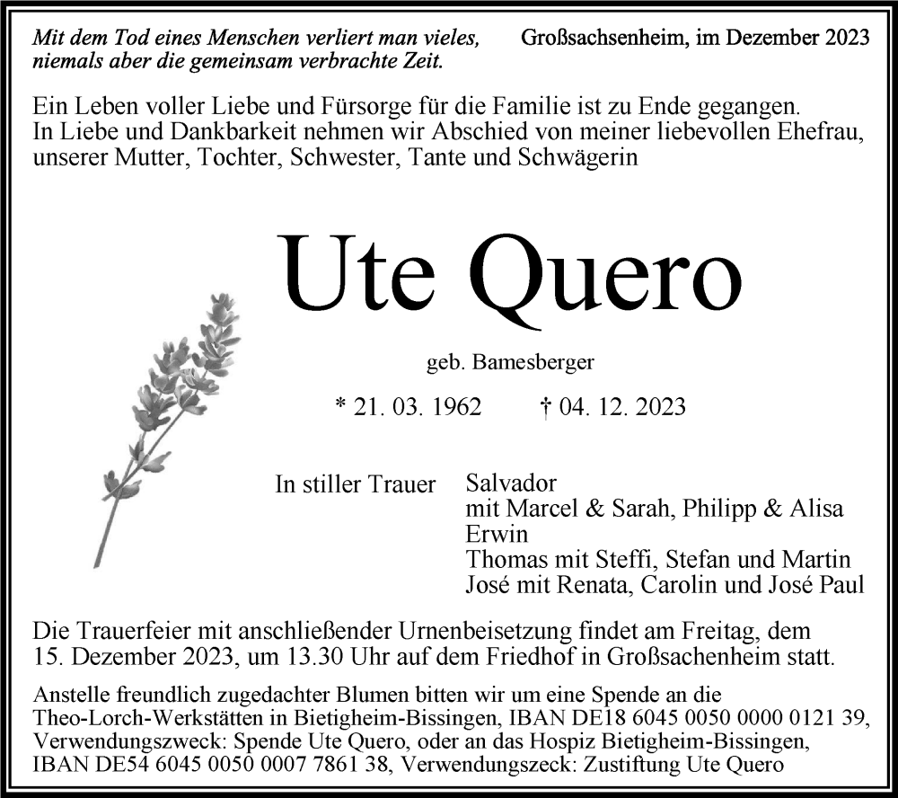  Traueranzeige für Ute Quero vom 12.12.2023 aus Bietigheimer Zeitung