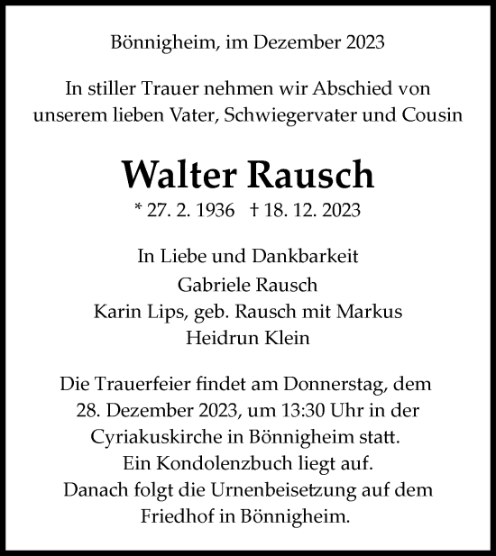 Traueranzeige von Walter Rausch von Bietigheimer Zeitung