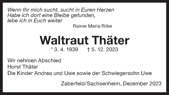 Traueranzeige von Waltraut Thäter von Bietigheimer Zeitung