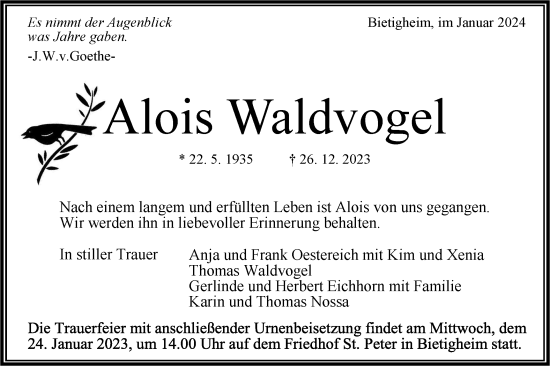 Traueranzeige von Alois Waldvogel von Bietigheimer Zeitung