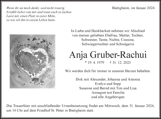 Traueranzeige von Anja Gruber-Rachui von Bietigheimer Zeitung