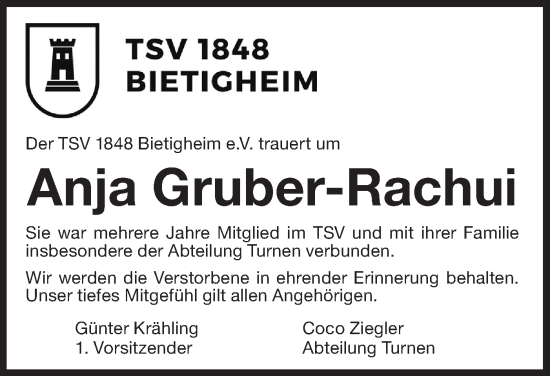 Traueranzeige von Anja Gruber-Rachui von Bietigheimer Zeitung