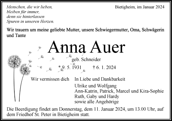 Traueranzeige von Anna Auer von Bietigheimer Zeitung