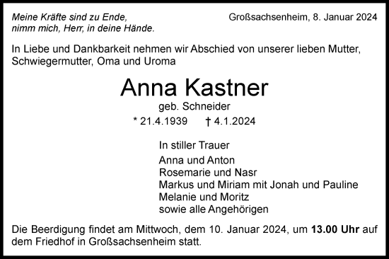 Traueranzeige von Anna Kastner von Bietigheimer Zeitung