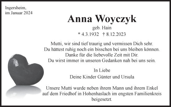 Traueranzeige von Anna Woyczyk von Bietigheimer Zeitung