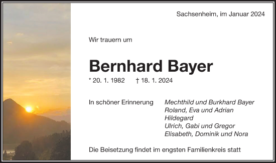 Traueranzeige von Bernhard Bayer von Bietigheimer Zeitung