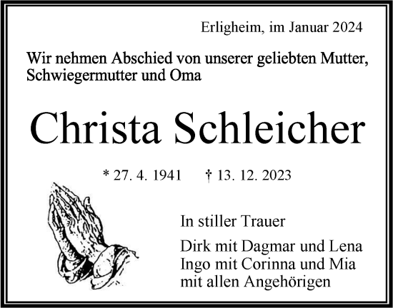 Traueranzeige von Christa Schleicher von Bietigheimer Zeitung