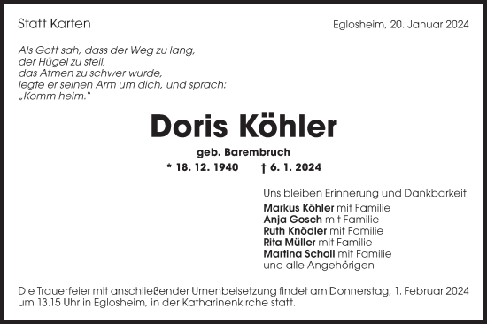 Traueranzeige von Doris Köhler von Bietigheimer Zeitung