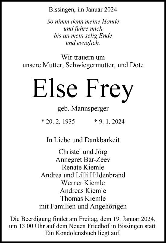 Traueranzeige von Else Frey von Bietigheimer Zeitung