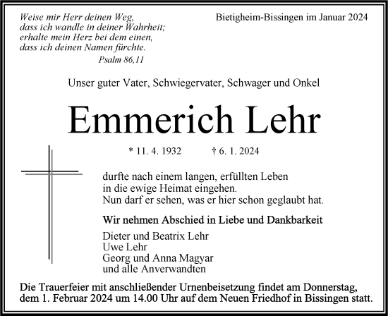 Traueranzeige von Emmerich Lehr von Bietigheimer Zeitung