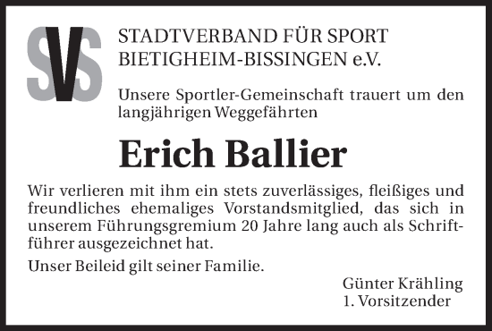 Traueranzeige von Erich Ballier von Bietigheimer Zeitung