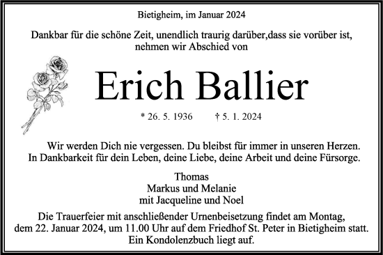 Traueranzeige von Erich Ballier von Bietigheimer Zeitung