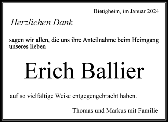 Traueranzeige von Erich Ballier von Bietigheimer Zeitung