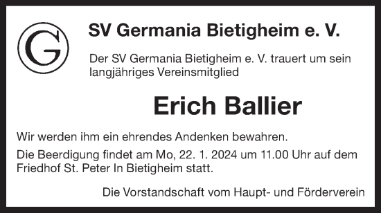 Traueranzeige von Erich Ballier von Bietigheimer Zeitung