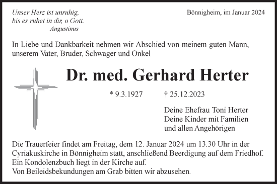 Traueranzeige von Gerhard Herter von Bietigheimer Zeitung