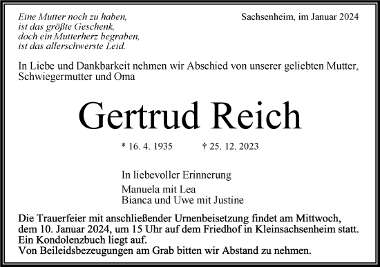 Traueranzeige von Gertrud Reich von Bietigheimer Zeitung