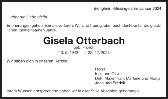 Traueranzeige von Gisela Otterbach von Bietigheimer Zeitung