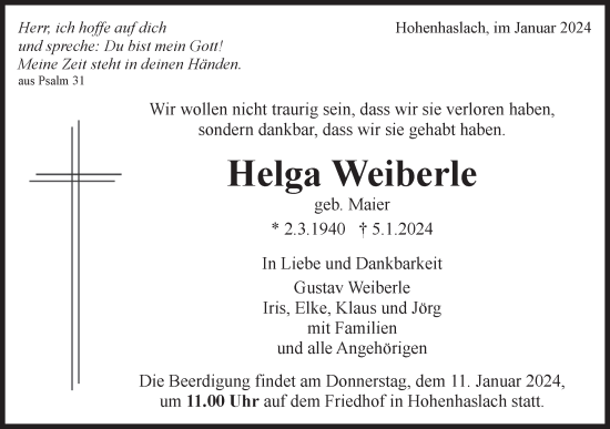 Traueranzeige von Helga Weiberle von Bietigheimer Zeitung