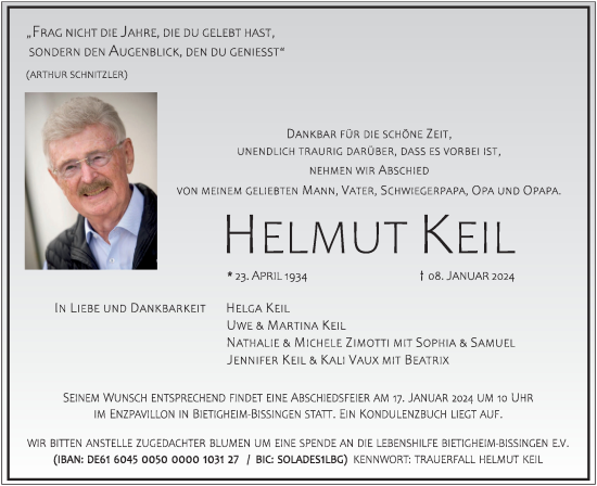 Traueranzeige von Helmut Keil  von Bietigheimer Zeitung