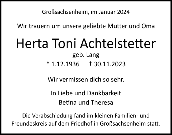 Traueranzeige von Herta Toni Achtelstetter von Bietigheimer Zeitung