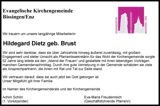 Traueranzeige von Hildegard Dietz von Bietigheimer Zeitung