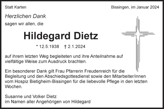 Traueranzeige von Hildegard Dietz von Bietigheimer Zeitung