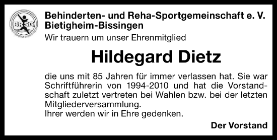 Traueranzeige von Hildegard Dietz von Bietigheimer Zeitung