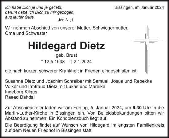 Traueranzeige von Hildegard Dietz von Bietigheimer Zeitung