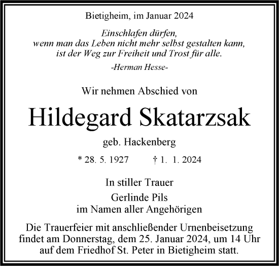 Traueranzeige von Hildegard Skatarzsak von Bietigheimer Zeitung