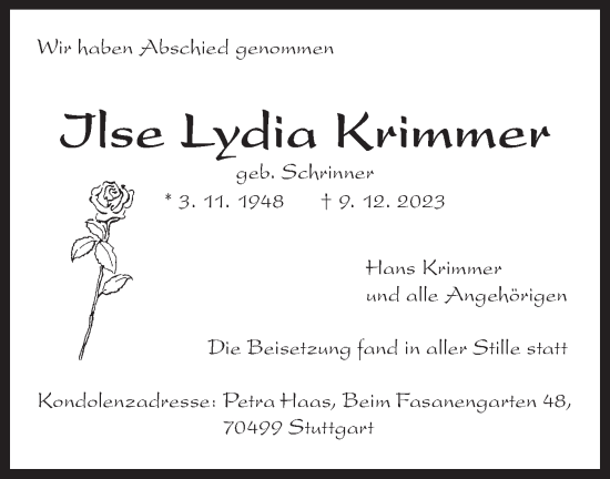 Traueranzeige von Ilse  Krimmer von Bietigheimer Zeitung