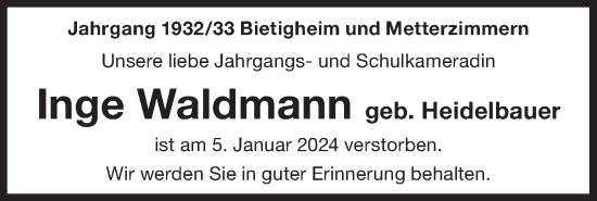 Traueranzeige von Inge Waldmann von Bietigheimer Zeitung