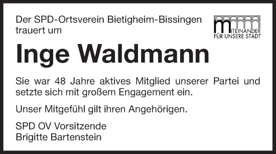 Traueranzeige von Inge Waldmann von Bietigheimer Zeitung