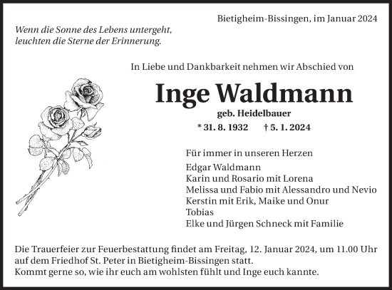 Traueranzeige von Inge Waldmann von Bietigheimer Zeitung