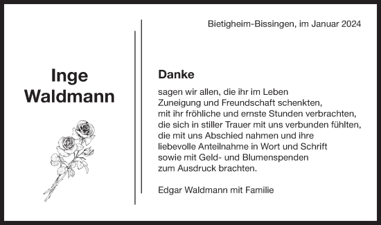 Traueranzeige von Inge Waldmann von Bietigheimer Zeitung