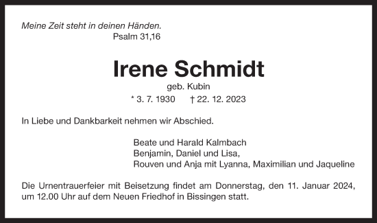 Traueranzeige von Irene Schmidt von Bietigheimer Zeitung